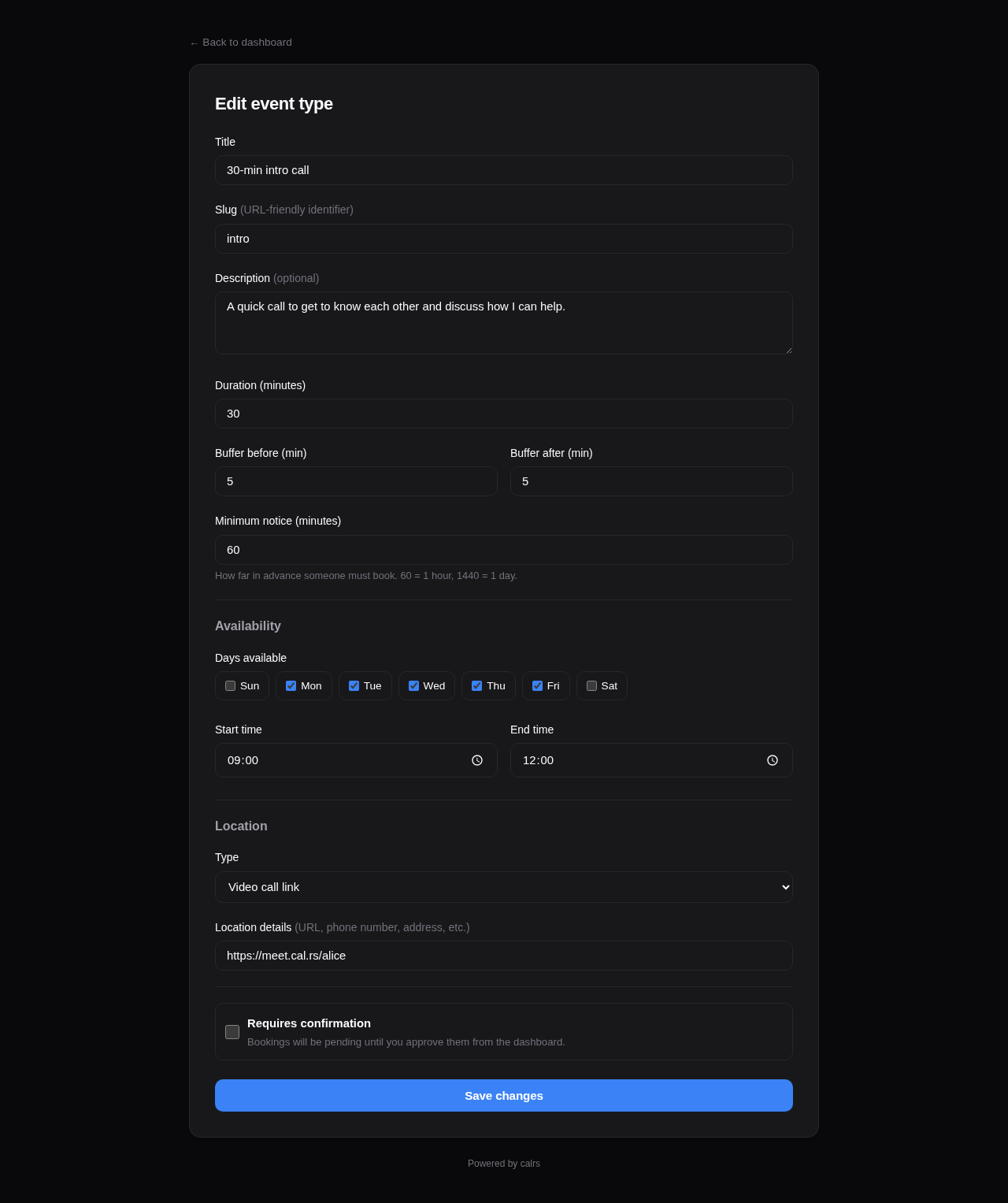 Event type edit form